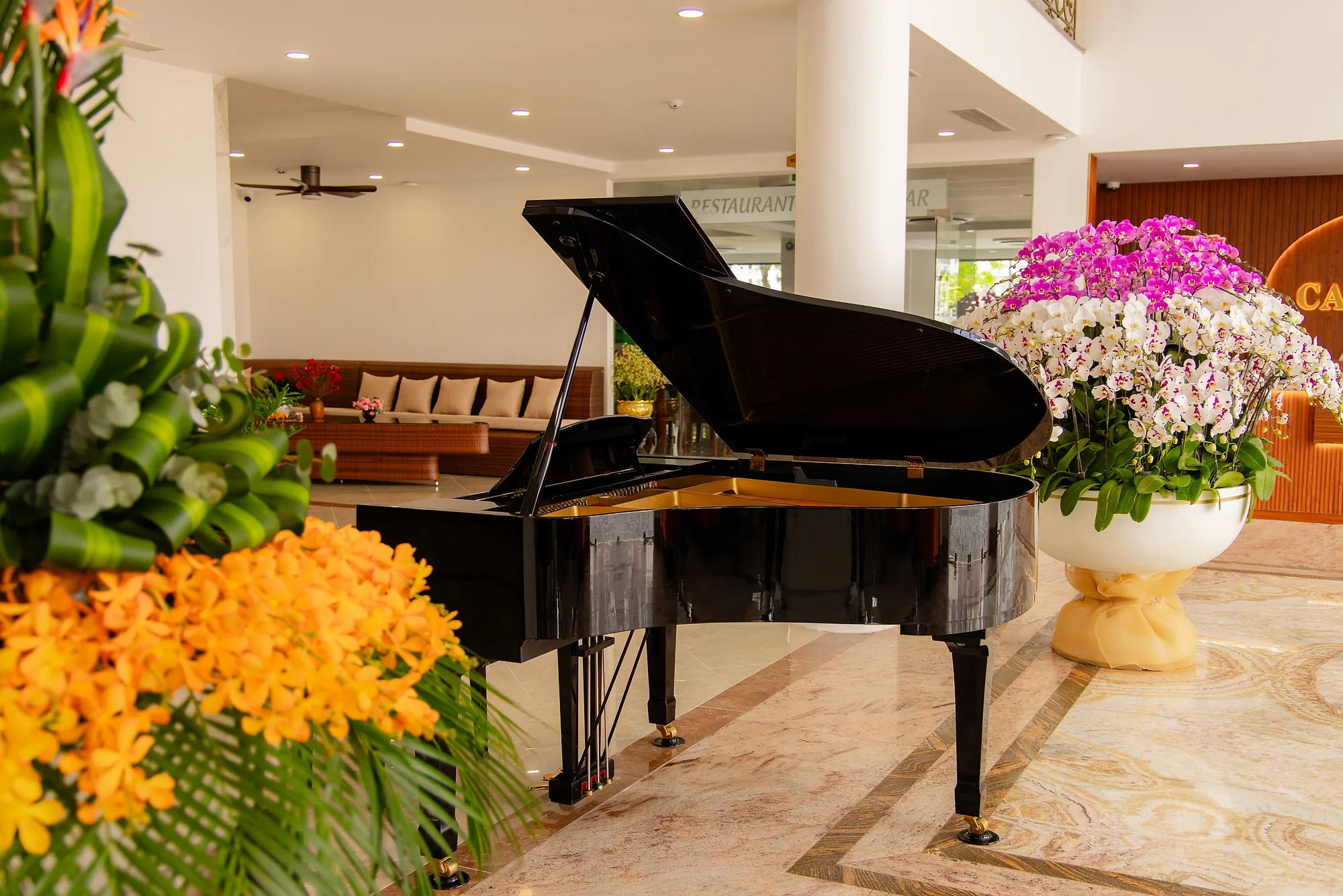 Đàn piano grand bên sảnh nhà hàng